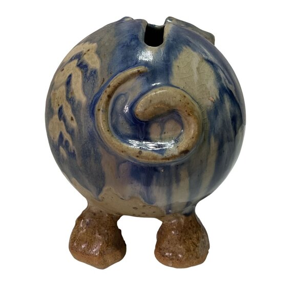 Art Pottery Piggy Bank Coin Bank Handmade Blue Drip Glaze Studio Pottery - Picture 3 of 6